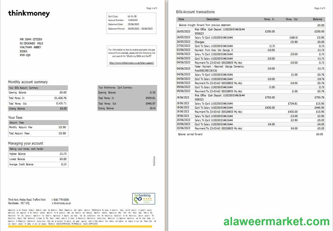 United Kingdom Think Money bank statement Word and PDF template, 3 pages